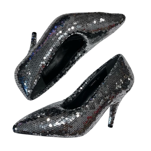 BALENCIAGA Silver Sequin Pumps Heels EU 41 US 11 Puffy Pointed Toe Sparkle NEW - Picture 8 of 16